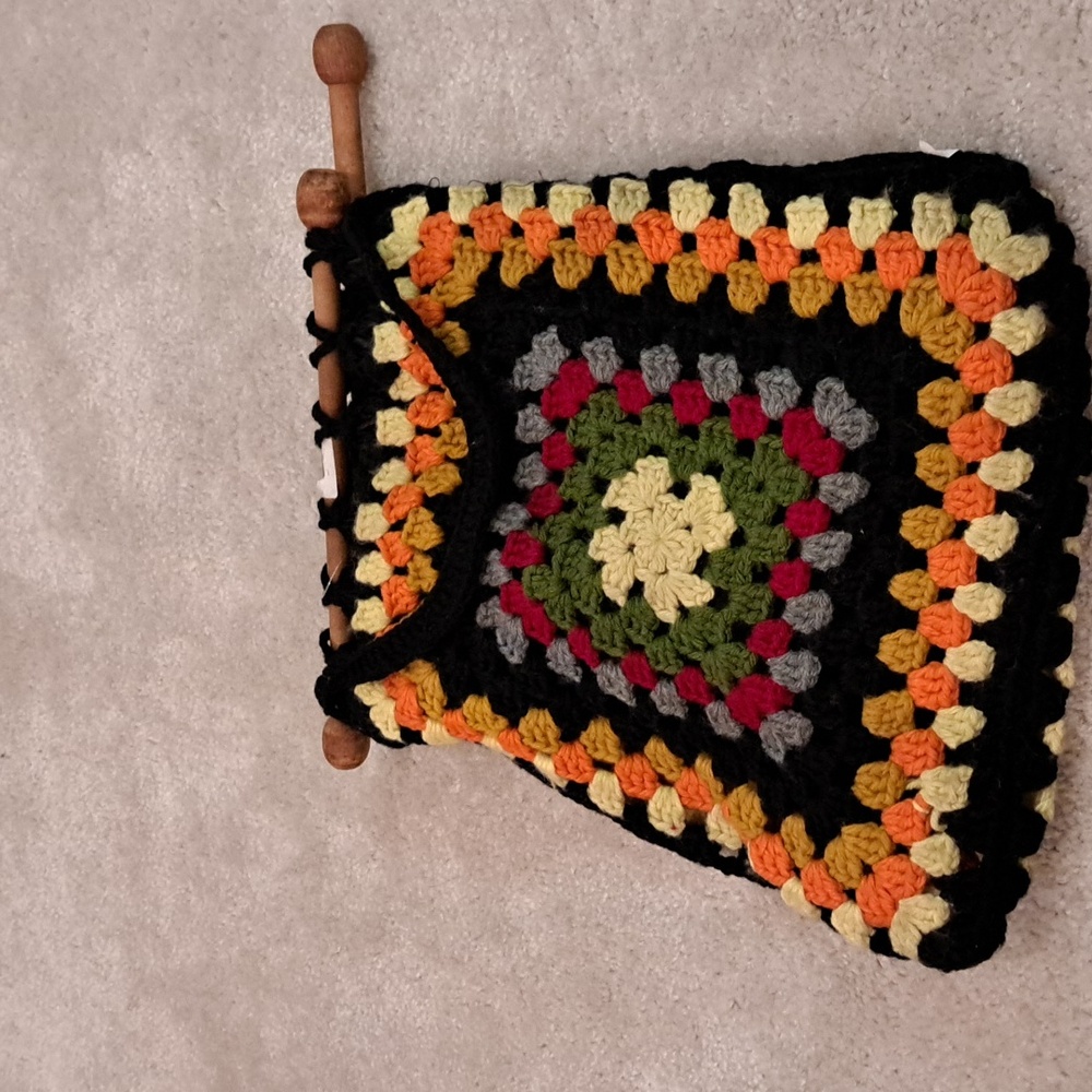 Knit Black and Yellow Granny Square Handbag with Strap